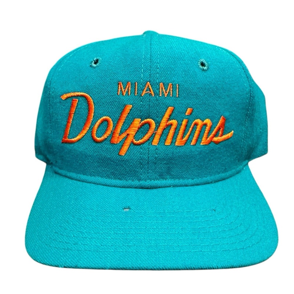 Sports Specialties Miami Dolphins Script 100% Wool Snapback Hat 90s VTG Aqua